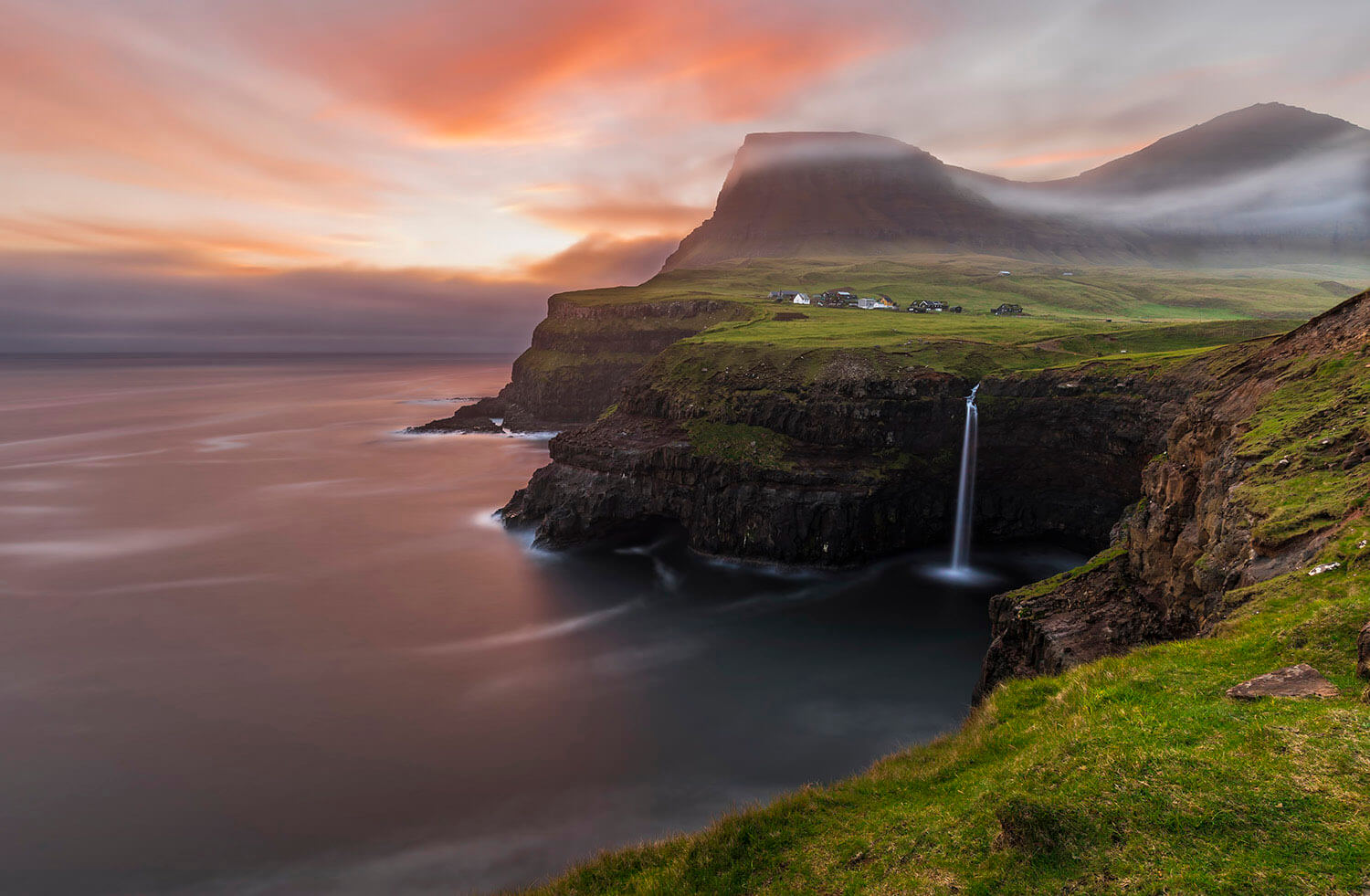 Sunset at Gásadalur and Múlafossur Waterfall, Vágar, Faroe Islands