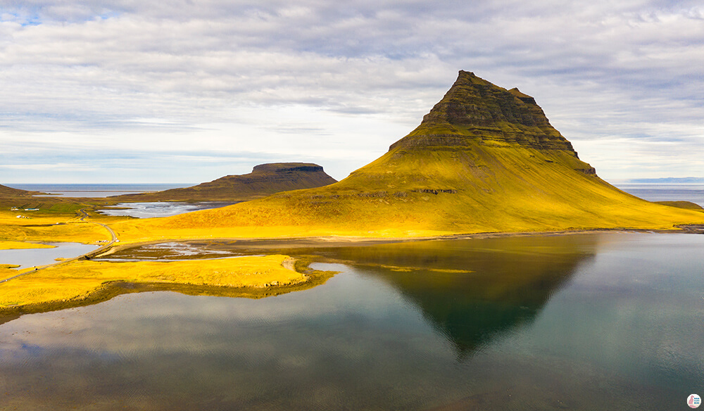 Kirkjufell by drone, Snaefellsnes Peninsula, West Iceland