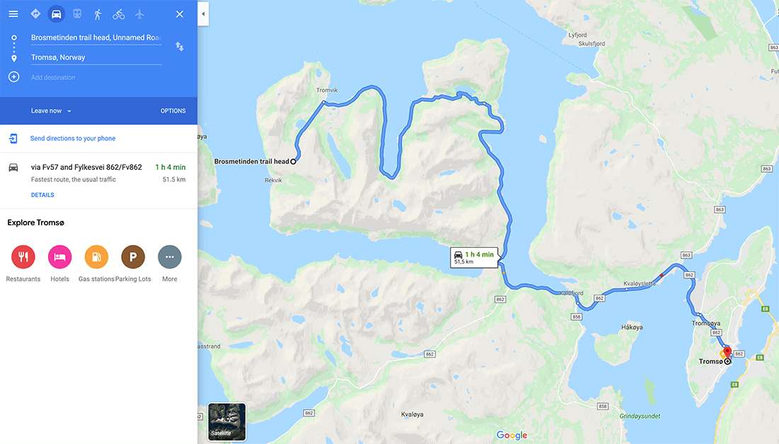 Brosmetinden hiking trail head road from Tromsø, Northern Norway