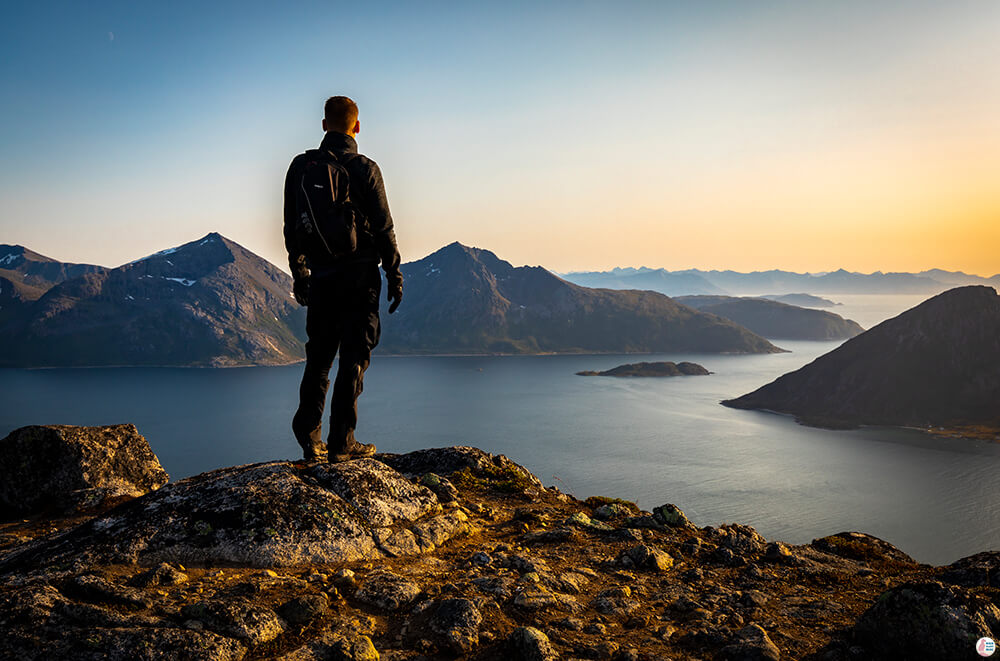 Admiring the views at Brosmetinden peak, Kvaløya, Troms, Northern Norway