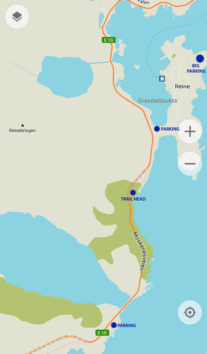 Reinebringen parking place map, Lofoten, Northern Norway