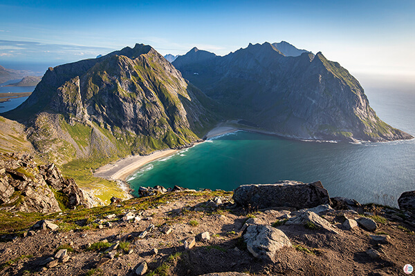  Kvalvika beach view from Ryten hiking trail, Moskenesøya, Lofoten, Norway