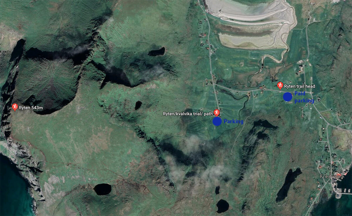 Map of parking places at Ryten hiking trail, Moskenesøya, Lofoten, Norway