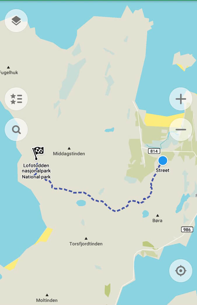 Ryten hiking trail on the map, Moskenesøya, Lofoten, Norway