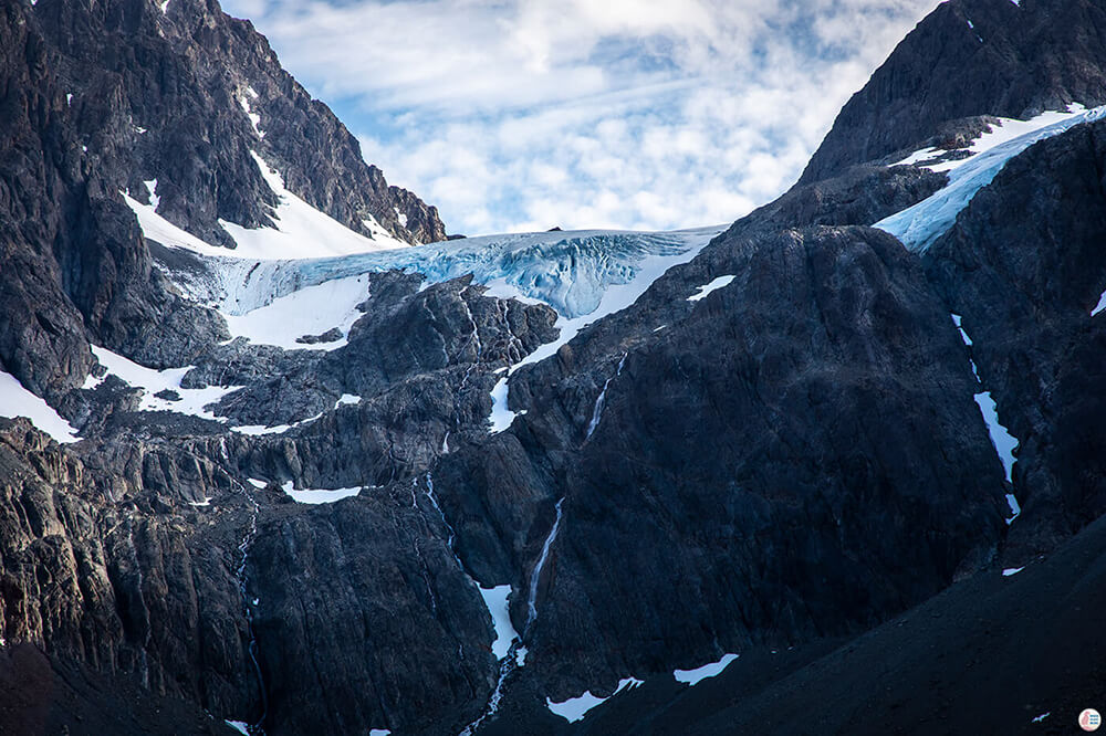 Lenangsbreen glacier, above Blåisvatnet (the Blue Lake) in Lyngen Alps, Northern Norway