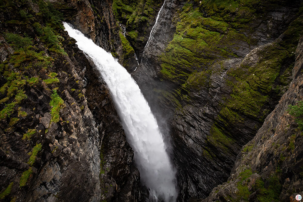 Gorzifossen waterfall, view from Gorsa Bridge, Lyngen Alps, Northern Norway