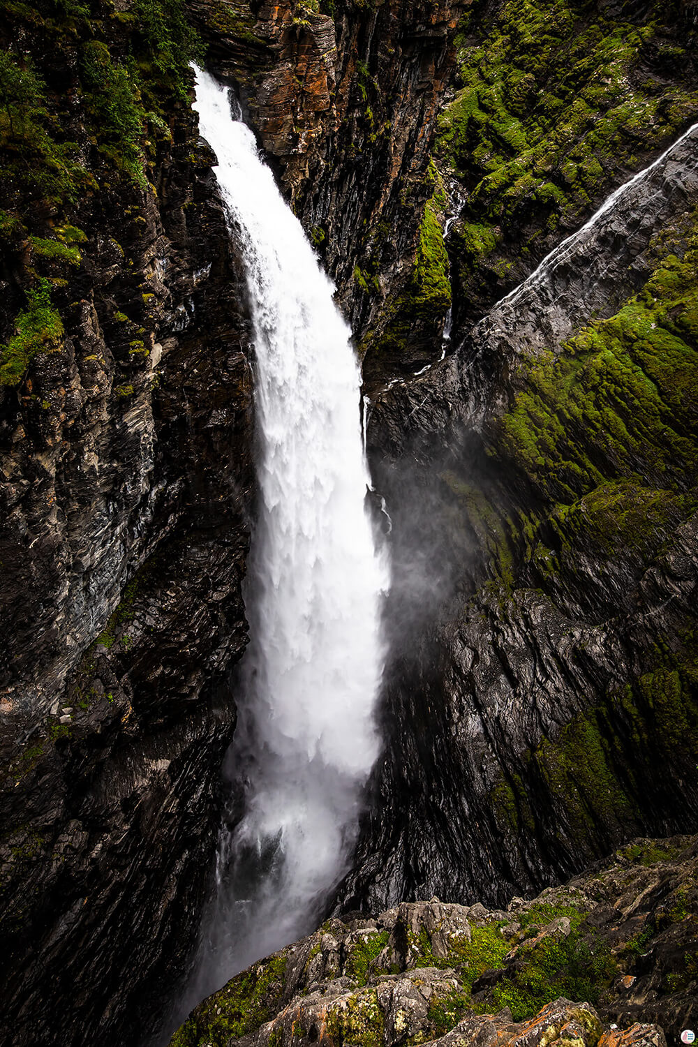 Gorzifossen waterfall, view from Gorsa Bridge, Lyngen Alps, Northern Norway