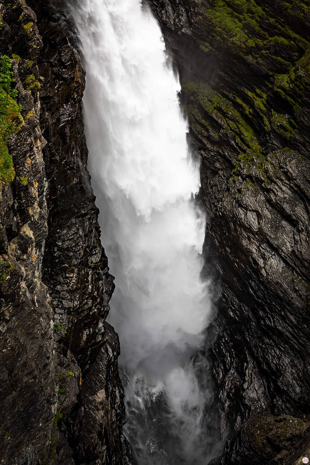 Gorzifossen waterfall, view from Gorsa Bridge, Lyngen Alps, Northern Norway