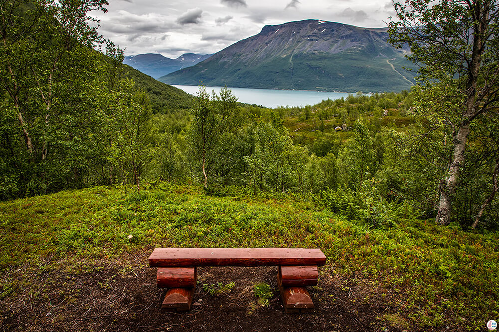 Resting bench along the Steindalsbreen Glacier hiking trail, Lyngen Alps, Northern Norway
