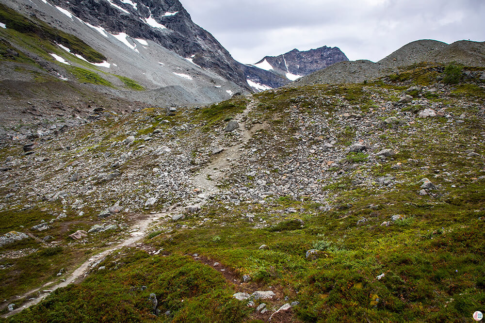 A bit steeper ascent at the end of Steindalsbreen Glacier hiking trail, Lyngen Alps, Northern Norway