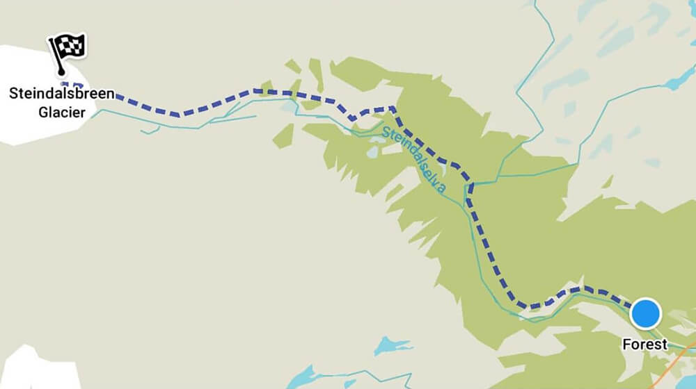 Steindalsbreen Glacier hiking trail on map, Lyngen Alps, Northern Norway