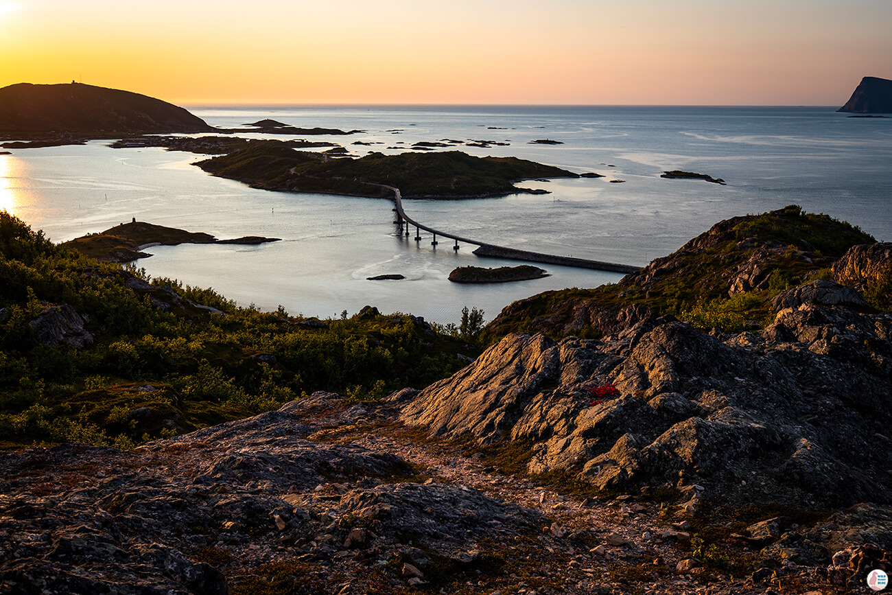 View from Ørnfløya hiking trail towards Sommarøy fishing village, Troms, Northern Norway