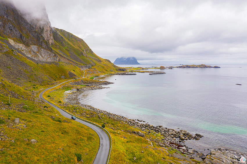 Drone view of Mosken island, viewed from Værøy, Lofoten, Norway