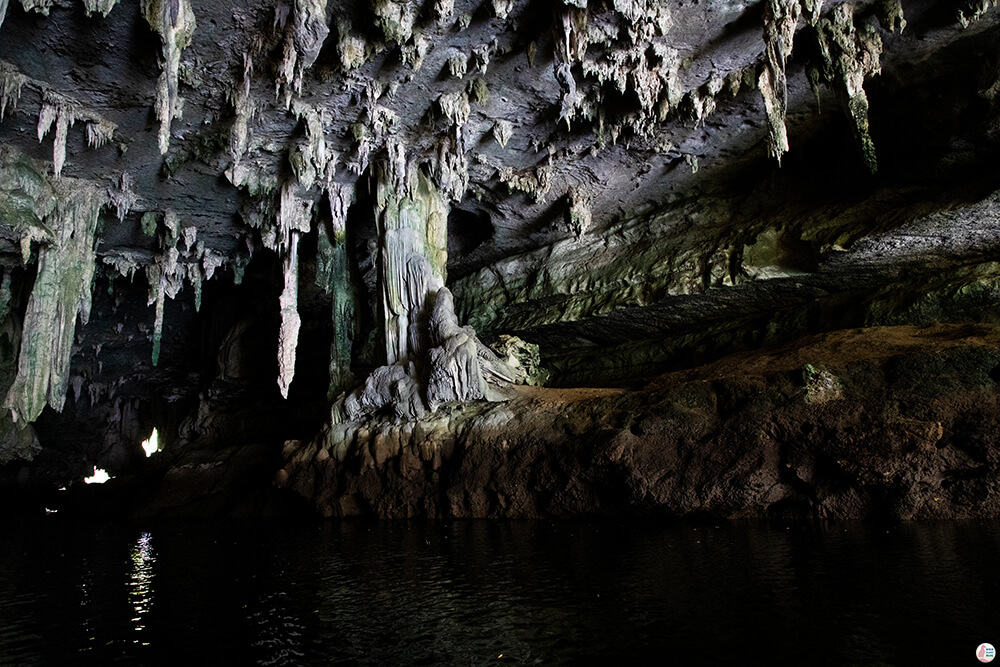 Stalactites hanging from the ceiling at Lot Cave, on Tha Pring River in Than Bok Khorani National Park, Krabi, Thailand